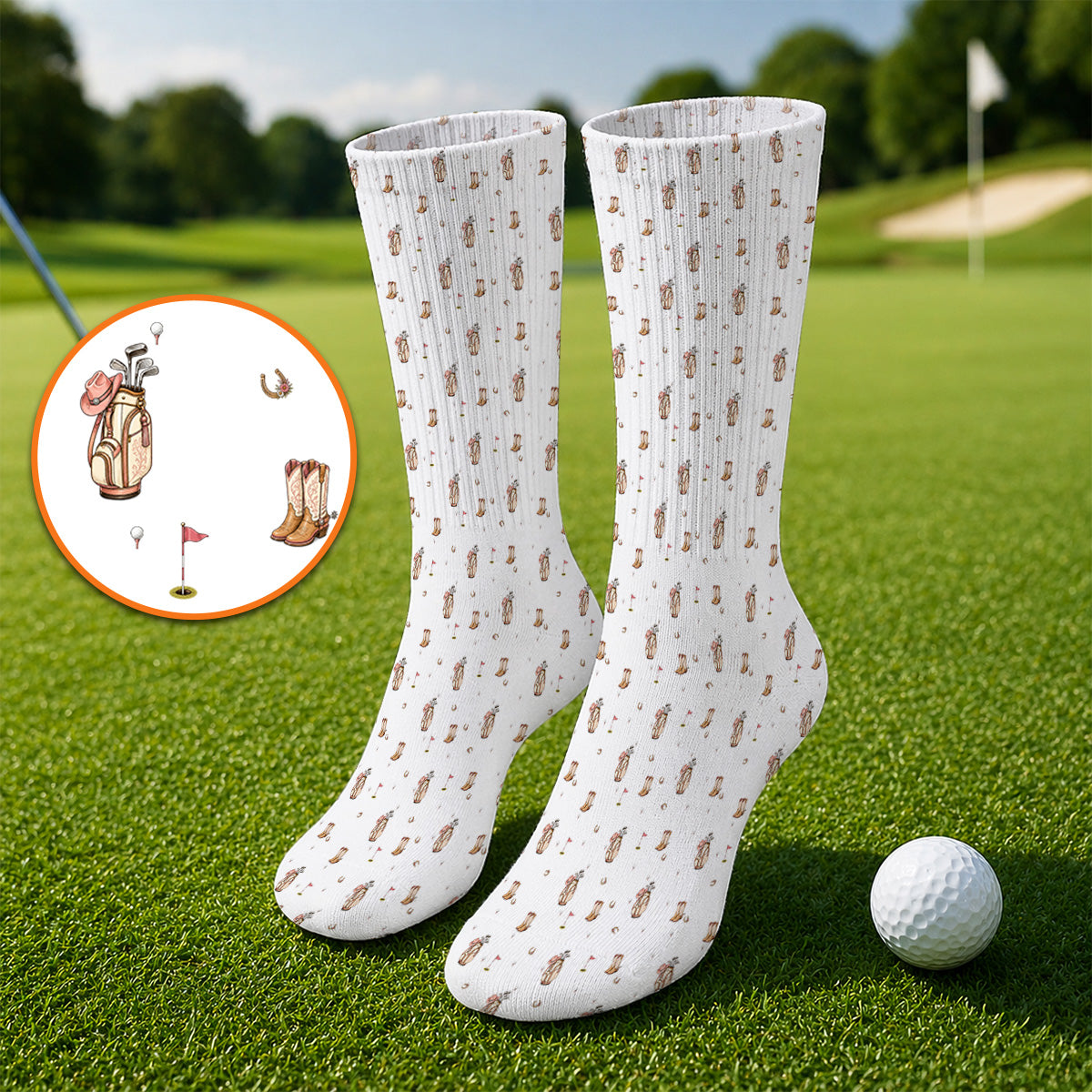 Crazy Cowgirl Golf Socks, Western Boots & Golf Bag Pattern Sock, Golf Gift For Golfers