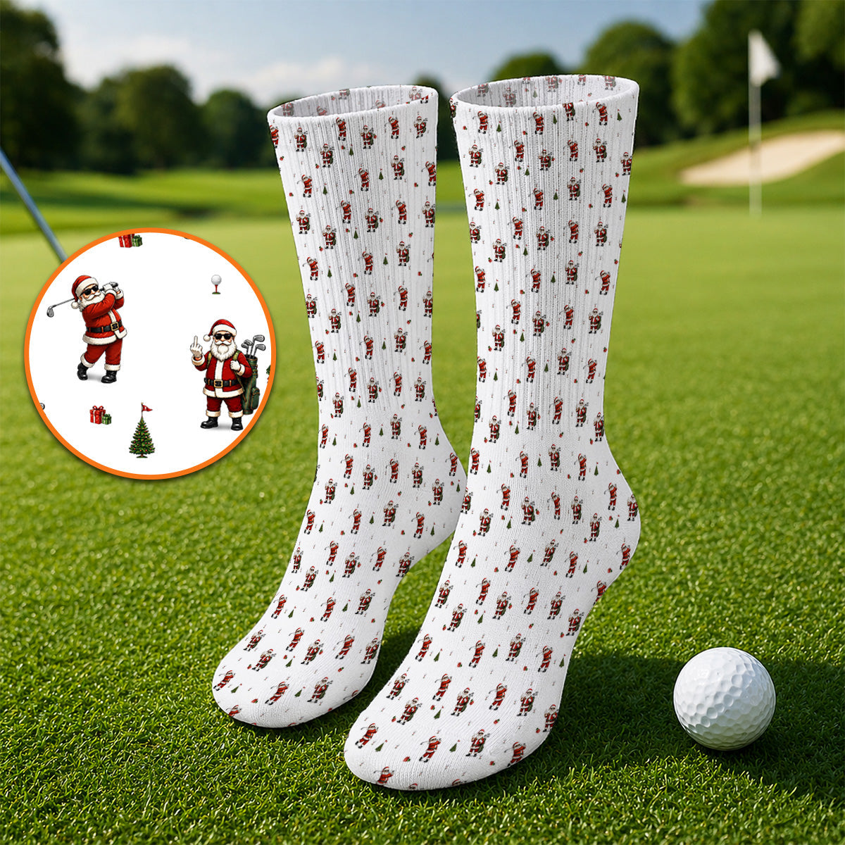 Funny Santa Pattern Golf Socks, Xmas Golf Sock For Golfers, Christmas Golf Gift For Holiday