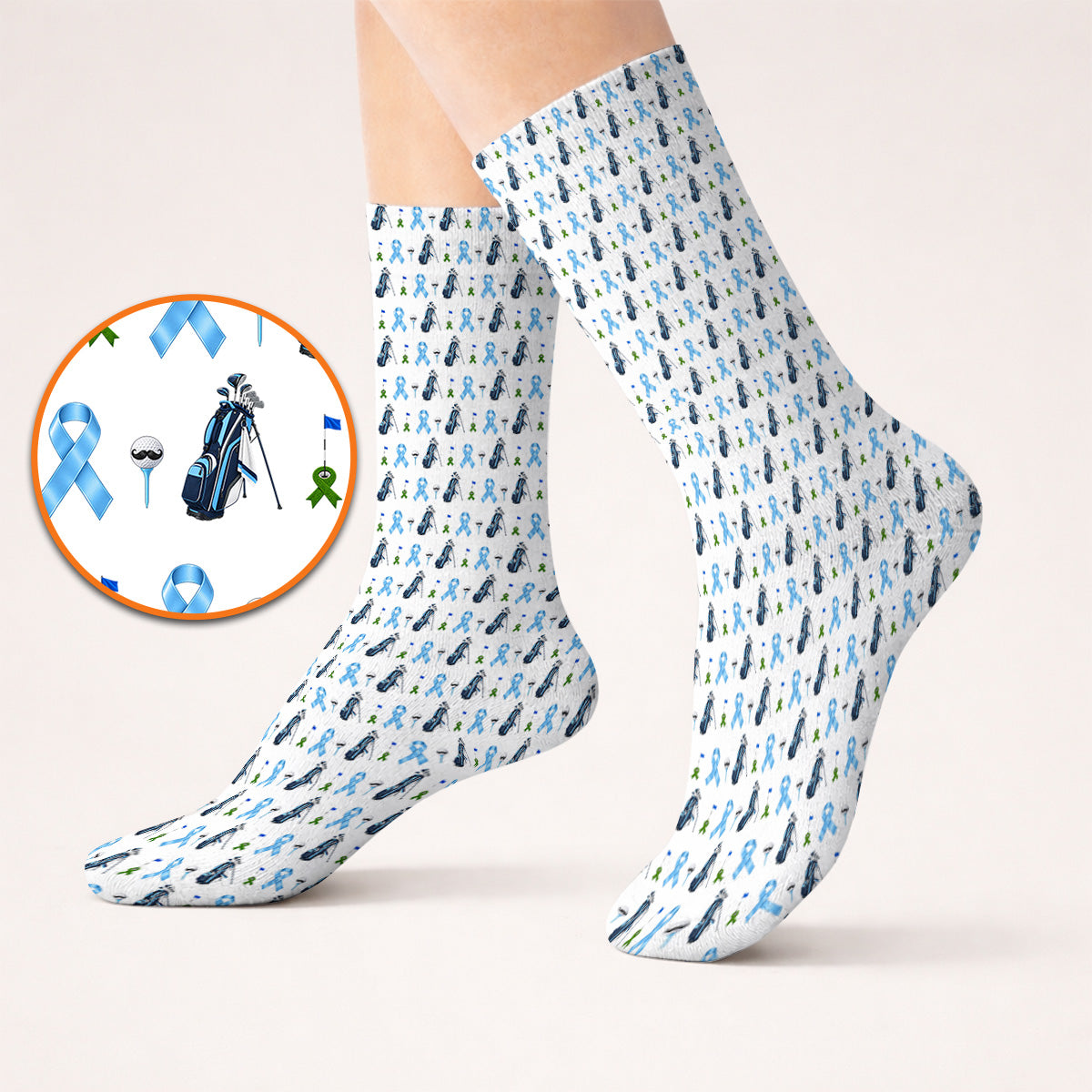 Prostate Cancer Awareness Golf Socks, Blue Ribbon Golf Pattern Sock, Prostate Cancer Support Gift for Golfers