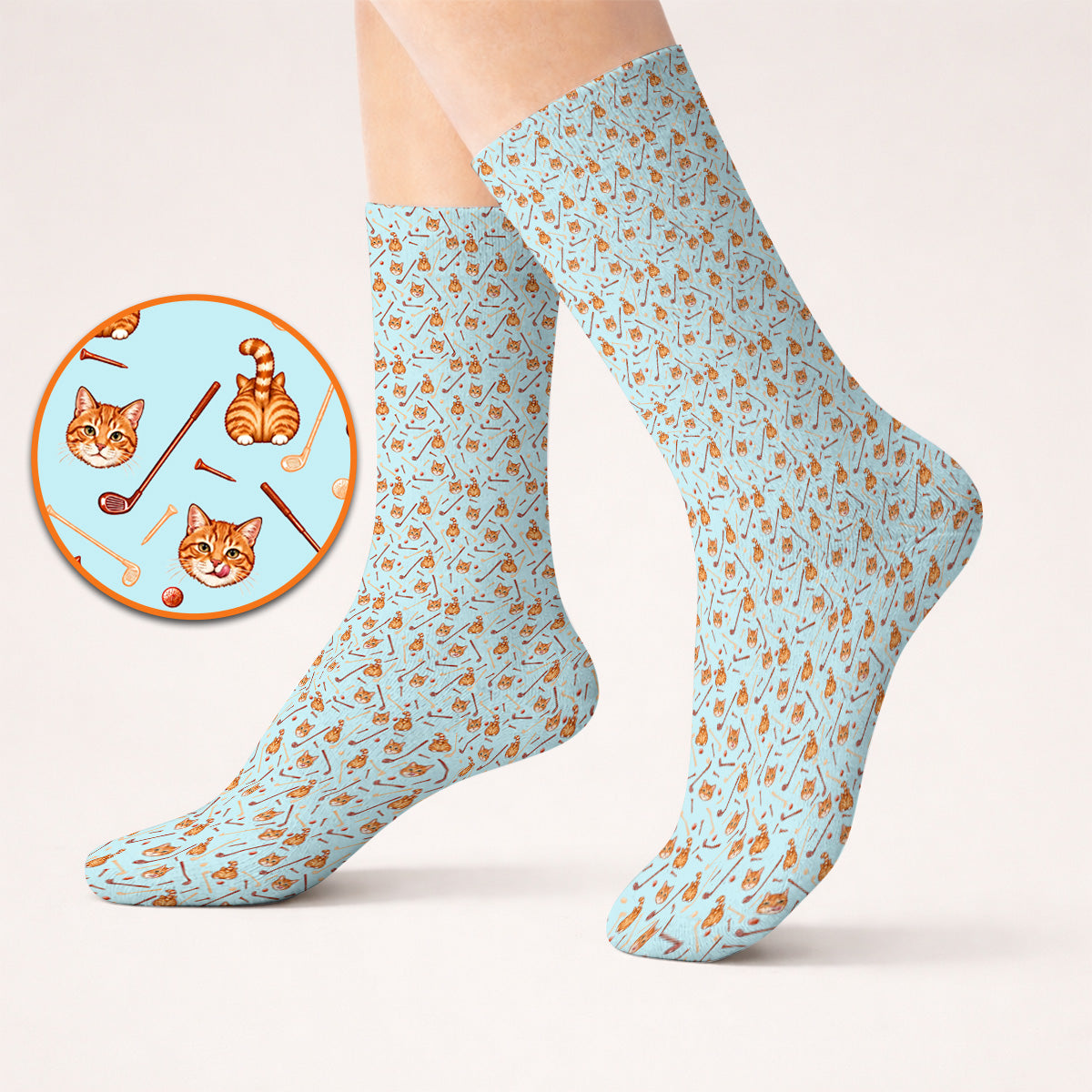 Orange Tabby Cat Golf Sock, Funny Cat Butt & Golf Pattern Socks, Unique Golf Apparel Gift for Cat Lovers