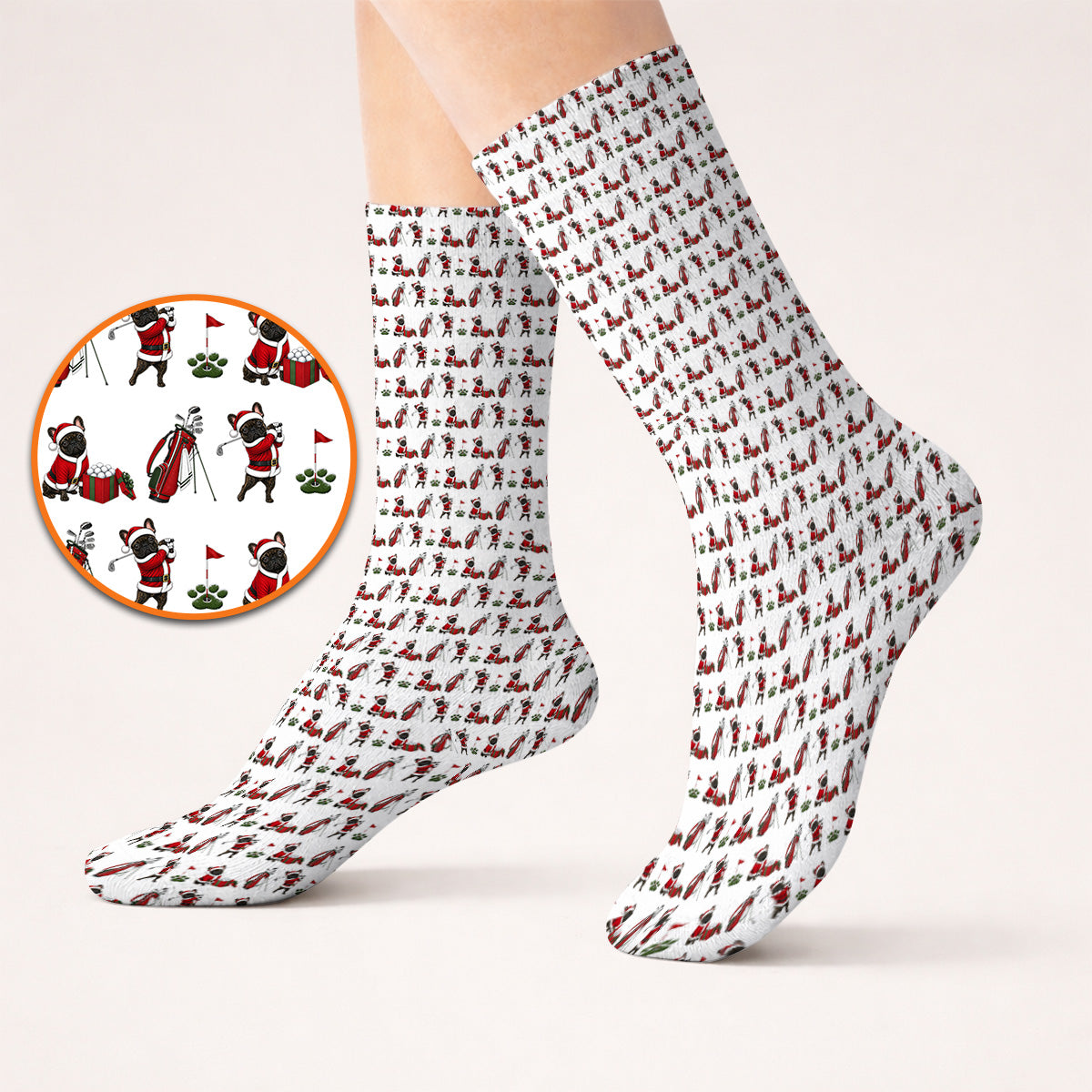 Christmas French BullDog Pattern Golf Socks, Funny Santa French BullDog Holiday Golf Sock, Xmas Golf Gift For Golfers