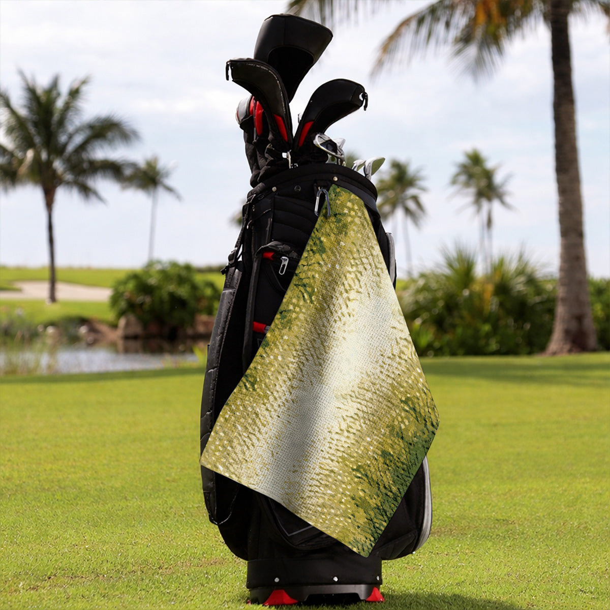 Bass Fishing Pattern Golf Towels, Golden Green Bass Fish Scale Golf Towel, Golf Gift For Fishers