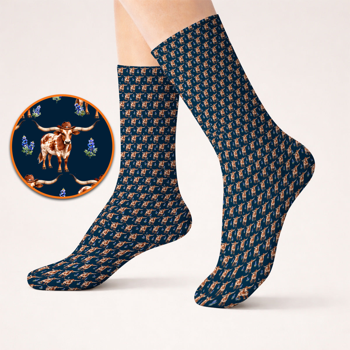 Crazy Texas Golf Socks, Western Cowboy Longhorn Patatern Golf Sock, Texas Bluebonnet Golf Gift For Golfers
