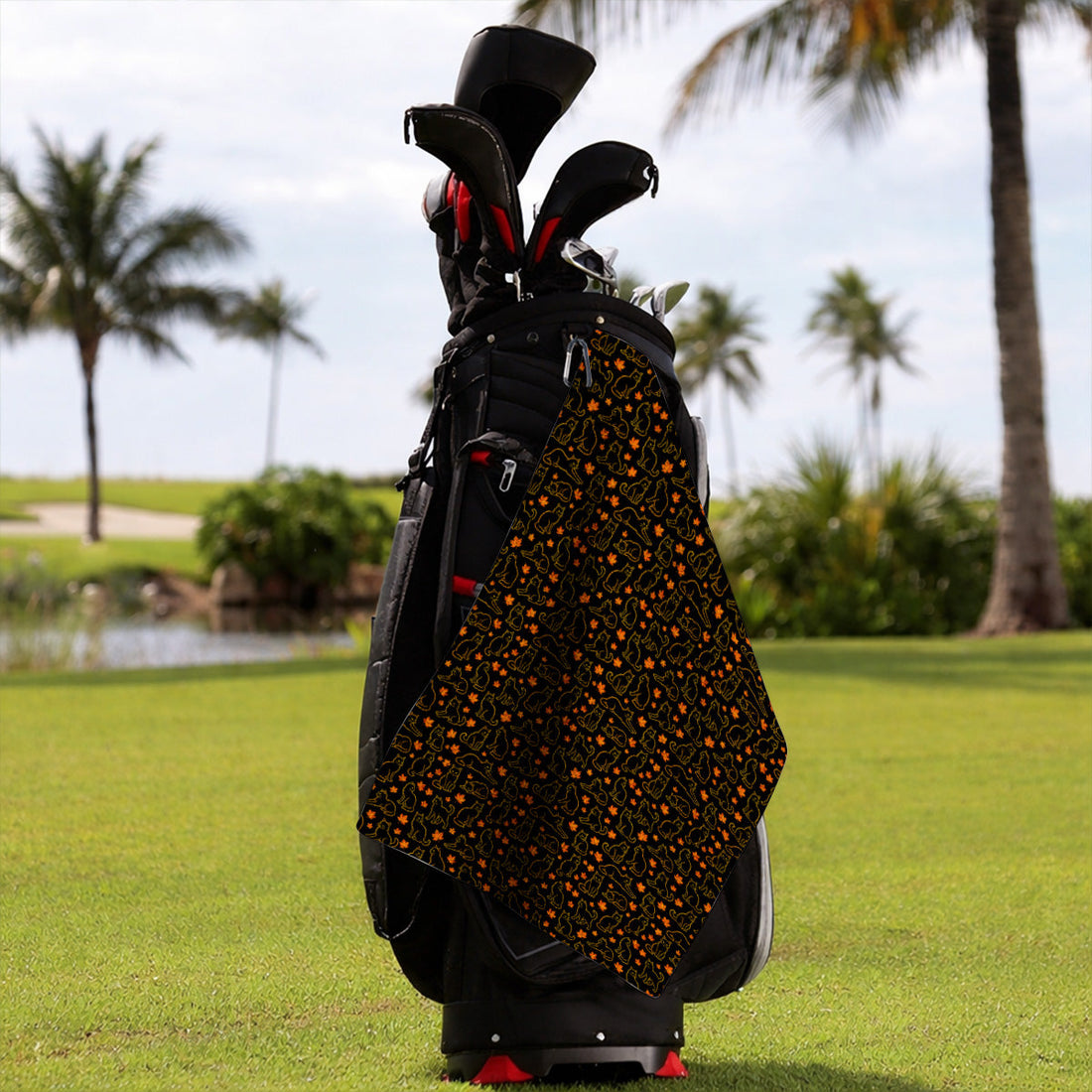 Autumn Black Longhair Cat Golf Towel, Black Longhair Cat Pattern Golf Towels, Cat Lovers Golf Gift