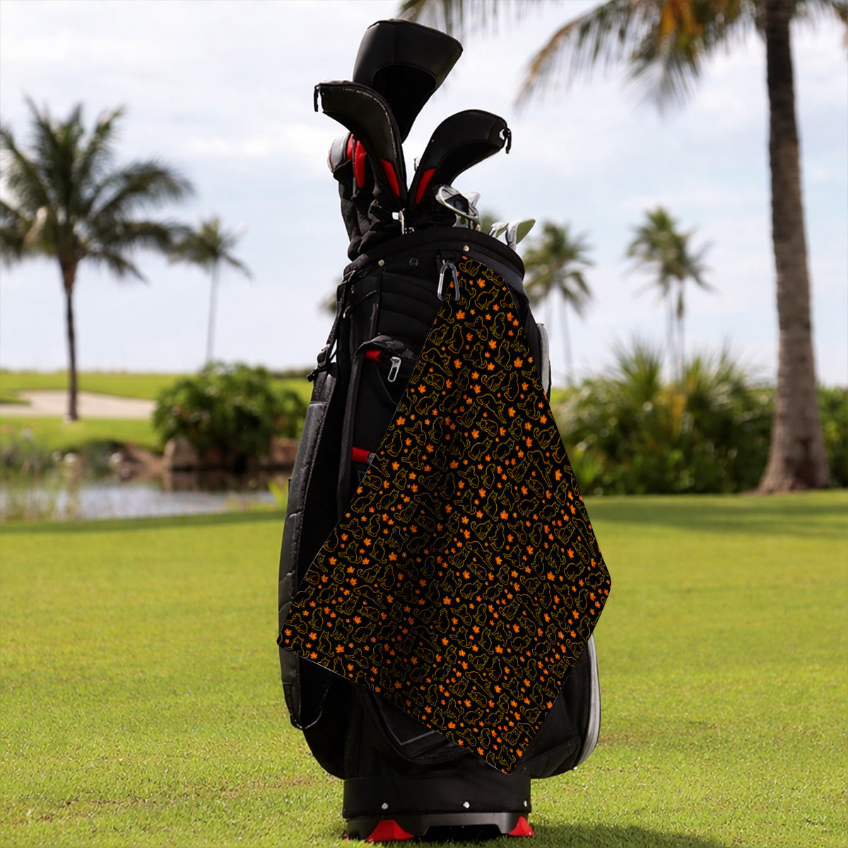 Autumn Black Longhair Cat Golf Towel, Black Longhair Cat Pattern Golf Towels, Cat Lovers Golf Gift