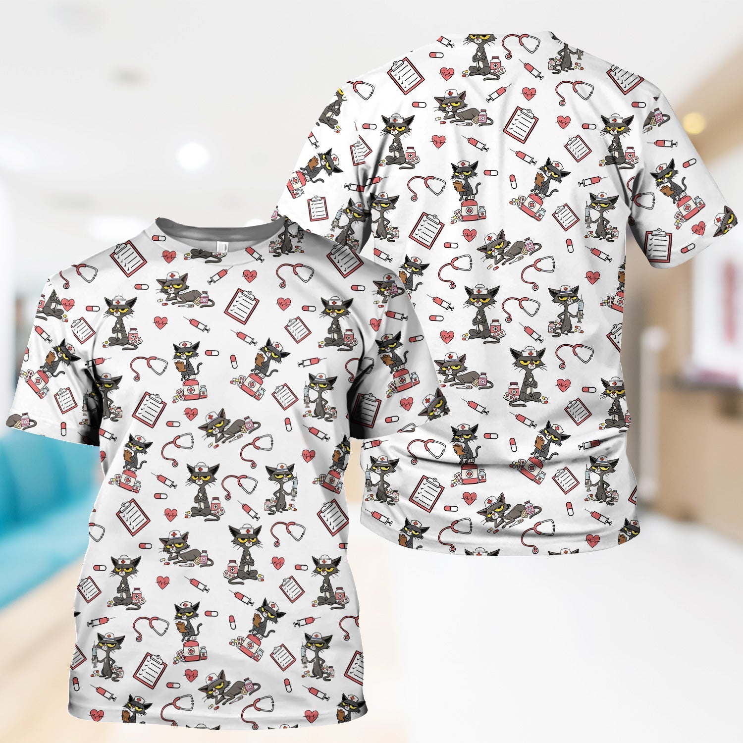 Personalized Funny Nurse Cat Shirt - Cute Black Cat with Stethoscope & Pills - Gift for RN CNA LPN