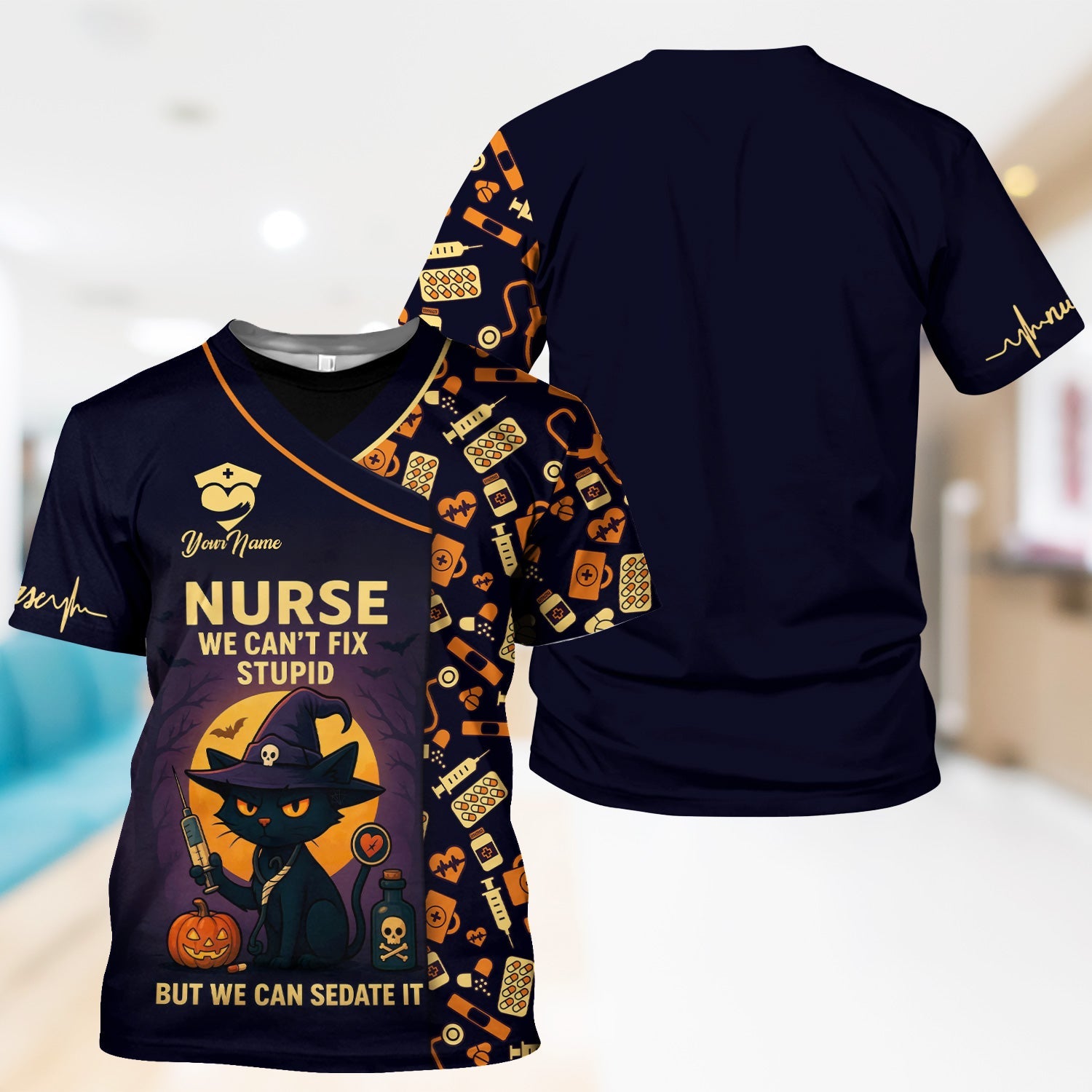 Personalized We Can't Fix Stupid Nurse Shirt - Spooky Black Cat Halloween Design - Custom Name Medical Gift for RN CNA Women