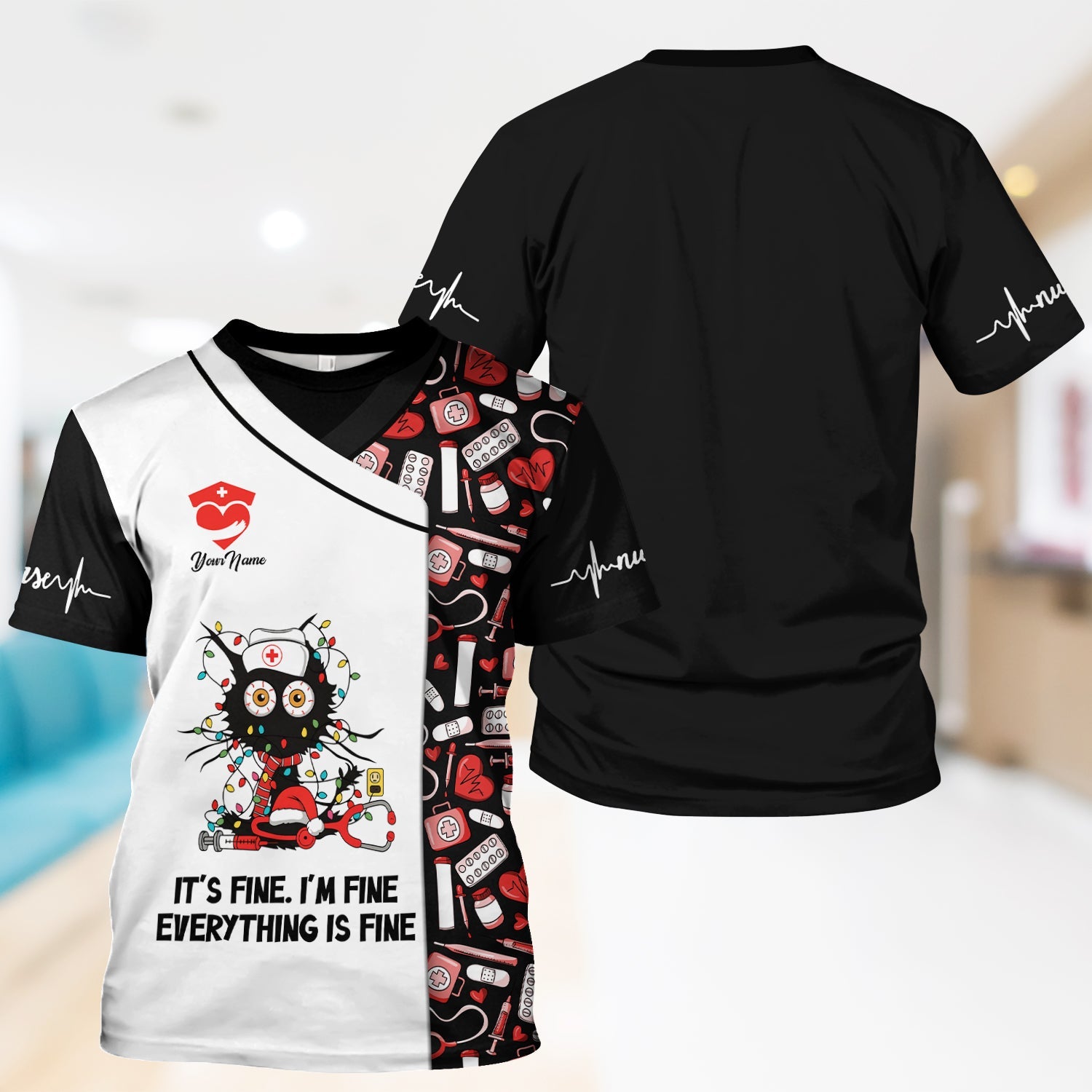 Personalized Sarcastic Nurse Shirt - Messy Black Cat with Christmas Lights Graphic Tee - Gift for Women RN, LPN, CNA