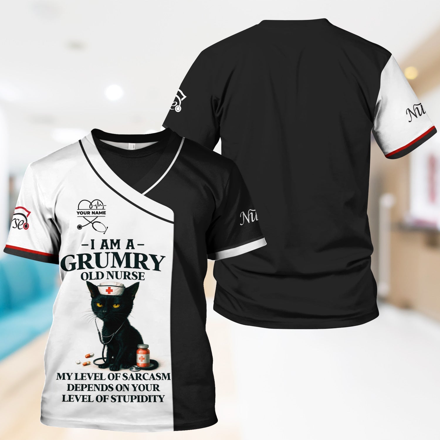 Grumpy Old Nurse Scrub Shirt with Sarcastic Black Cat Design - I Am a Nurse Of Course I'm Grumpy Quote - Gift for RN CNA LPN Healthcare Workers
