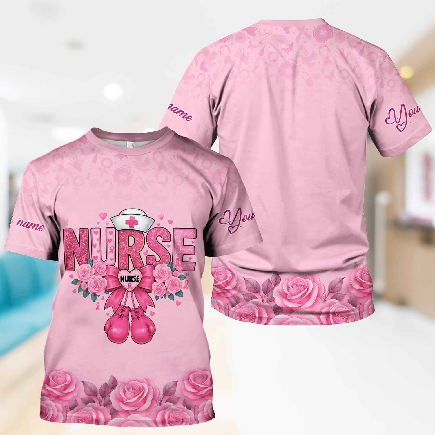 Personalized Breast Cancer Fighter Shirt - Pink Boxing Gloves & Rose Floral Design - Gift for RN LPN CNA