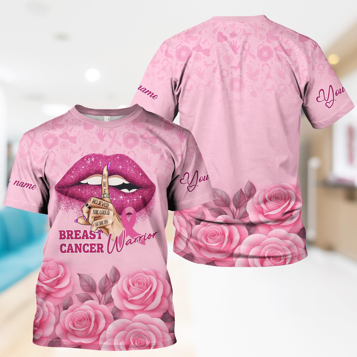 Personalized Breast Cancer Warrior Shirt - She Believed She Could Pink Ribbon Design - Gift for Women RN LPN CNA