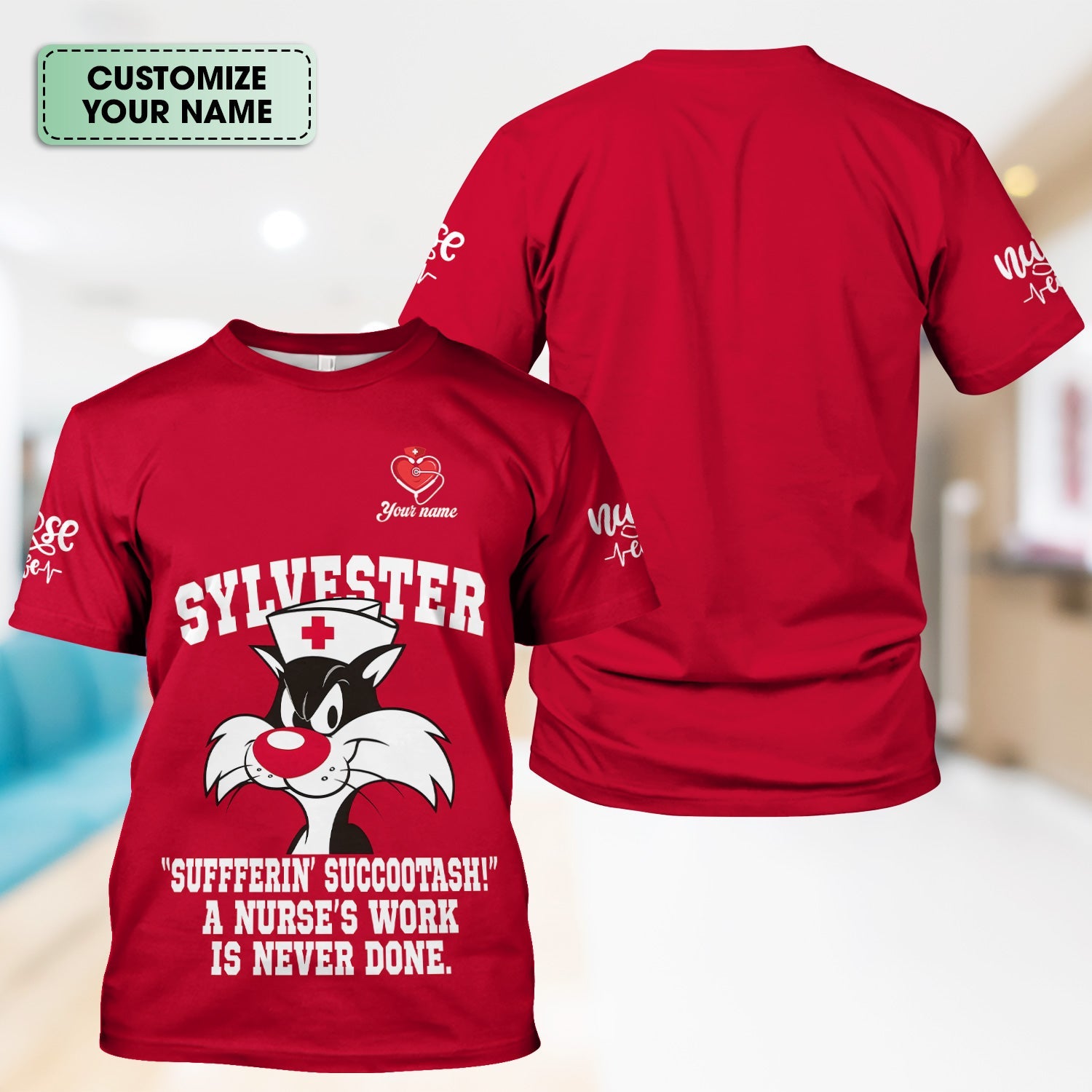 Custom Classic Cartoon Cat Nurse Shirt - A Nurse's Work Is Never Done Sarcastic Quote - Gift for RN LPN CNA