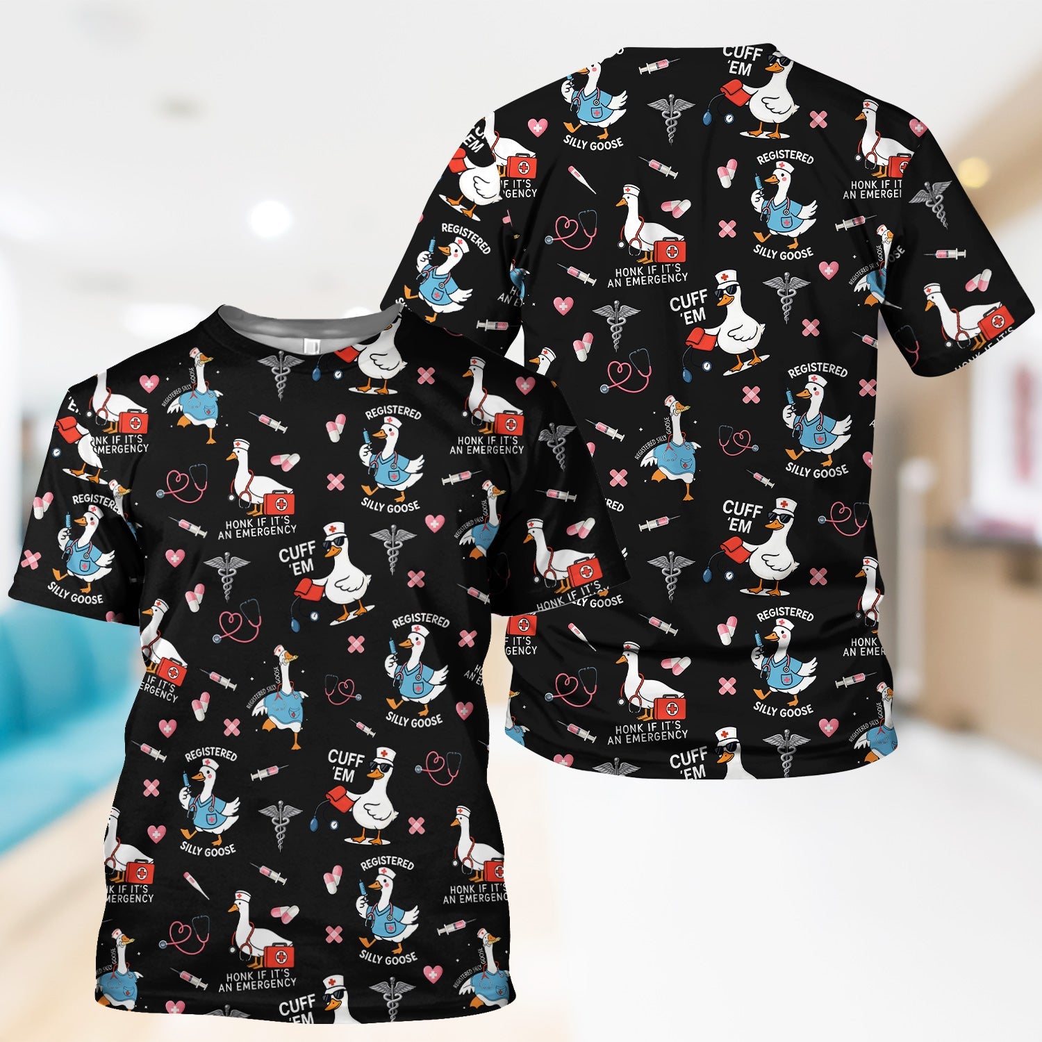 Goose Nurse Graphic T-Shirt for Women - Cute Medical Work Tee with Stethoscope & Heart Icons - Gift for RN, CNA, LPN