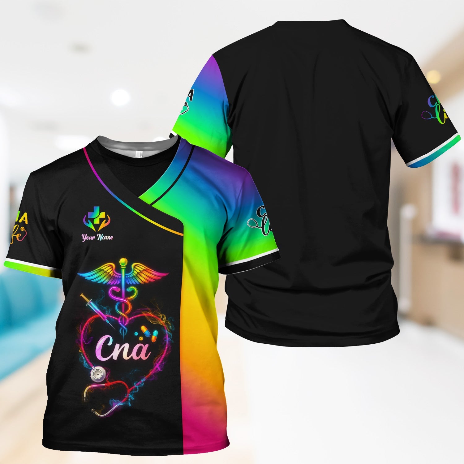 Custom Rainbow CNA Nurse Shirt - Stethoscope Heart & Caduceus Design - Gift for RN LPN Healthcare Workers