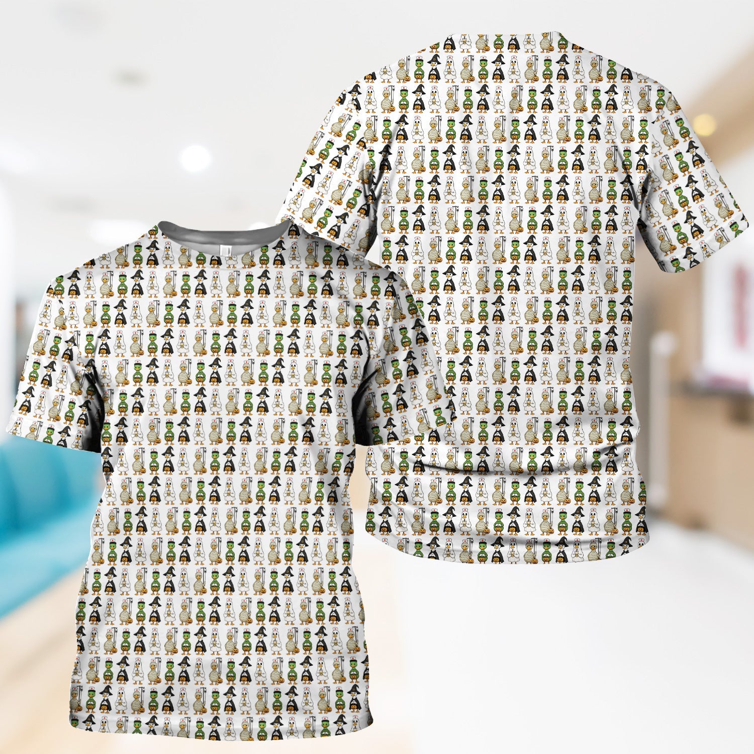 Funny Nurse Halloween T-Shirt - Cute Duck in Halloween Costumes Pattern Design - Gift for Women RN LPN & Healthcare Workers