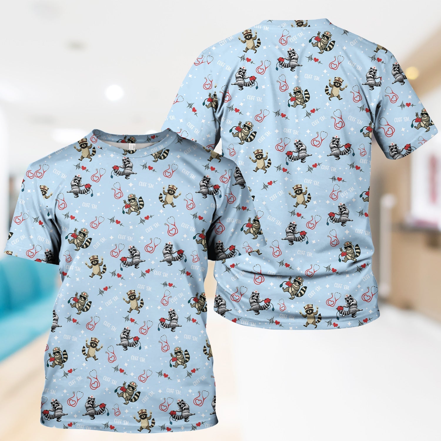 Cuff Em Raccoon Nurse Shirt - Funny Medical Scrub T-Shirt for CNA EMT LPN - Cute All Over Print Gift for Healthcare Workers
