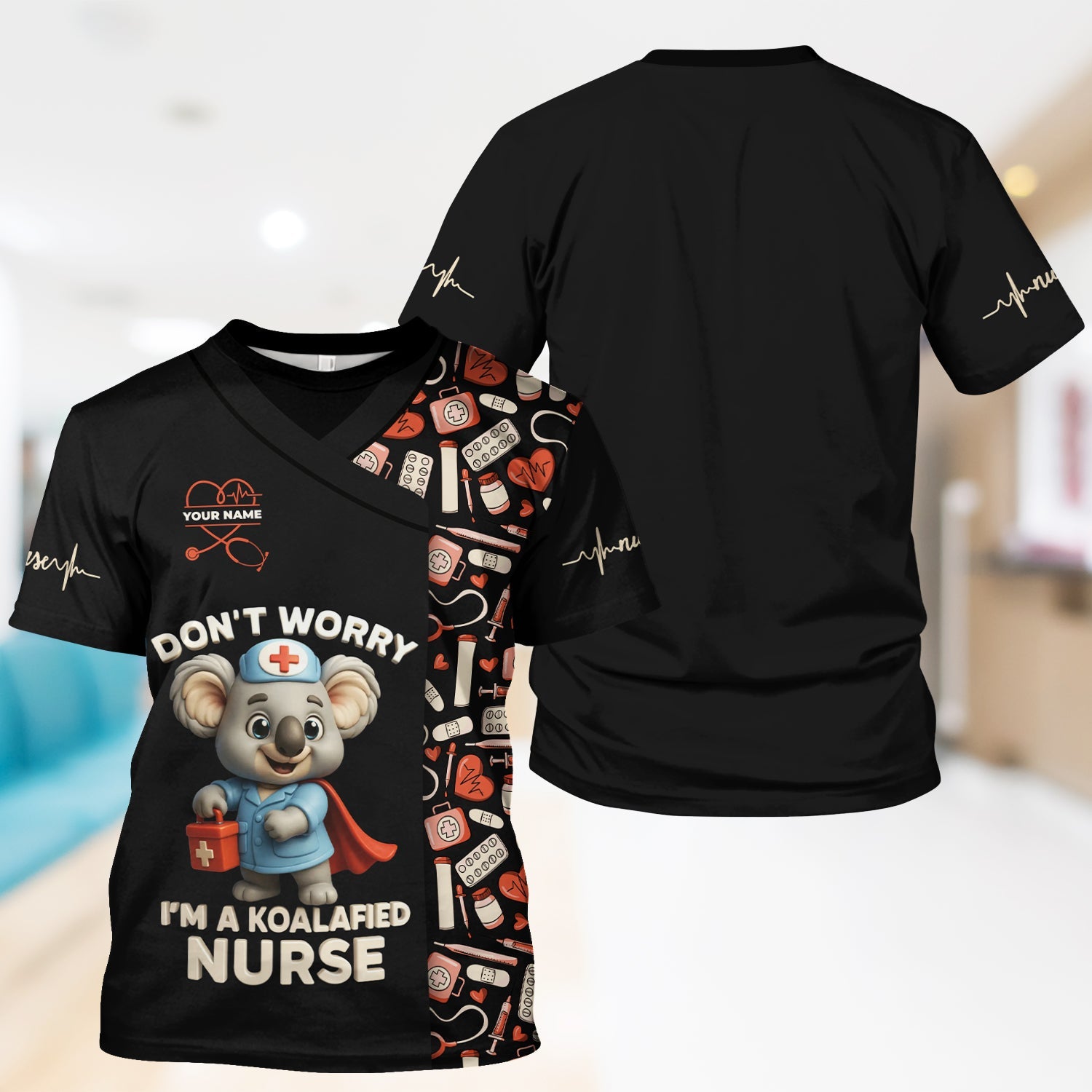 Custom Cute Animal Nurse Shirt - Superhero Koala & Medical Tools Graphic Tee - Gift for RN LPN CNA