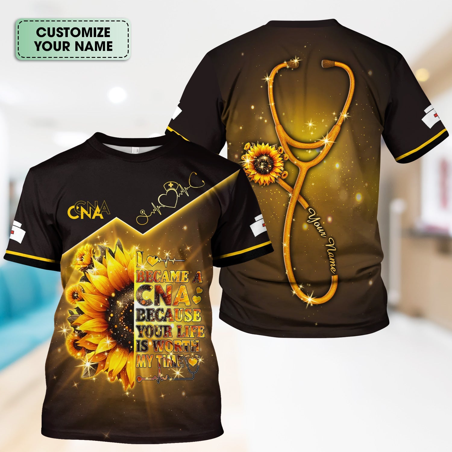 Custom Inspirational CNA T-Shirt - Golden Sunflower & Stethoscope Graphic Tee - Gift for RN LPN Healthcare Workers