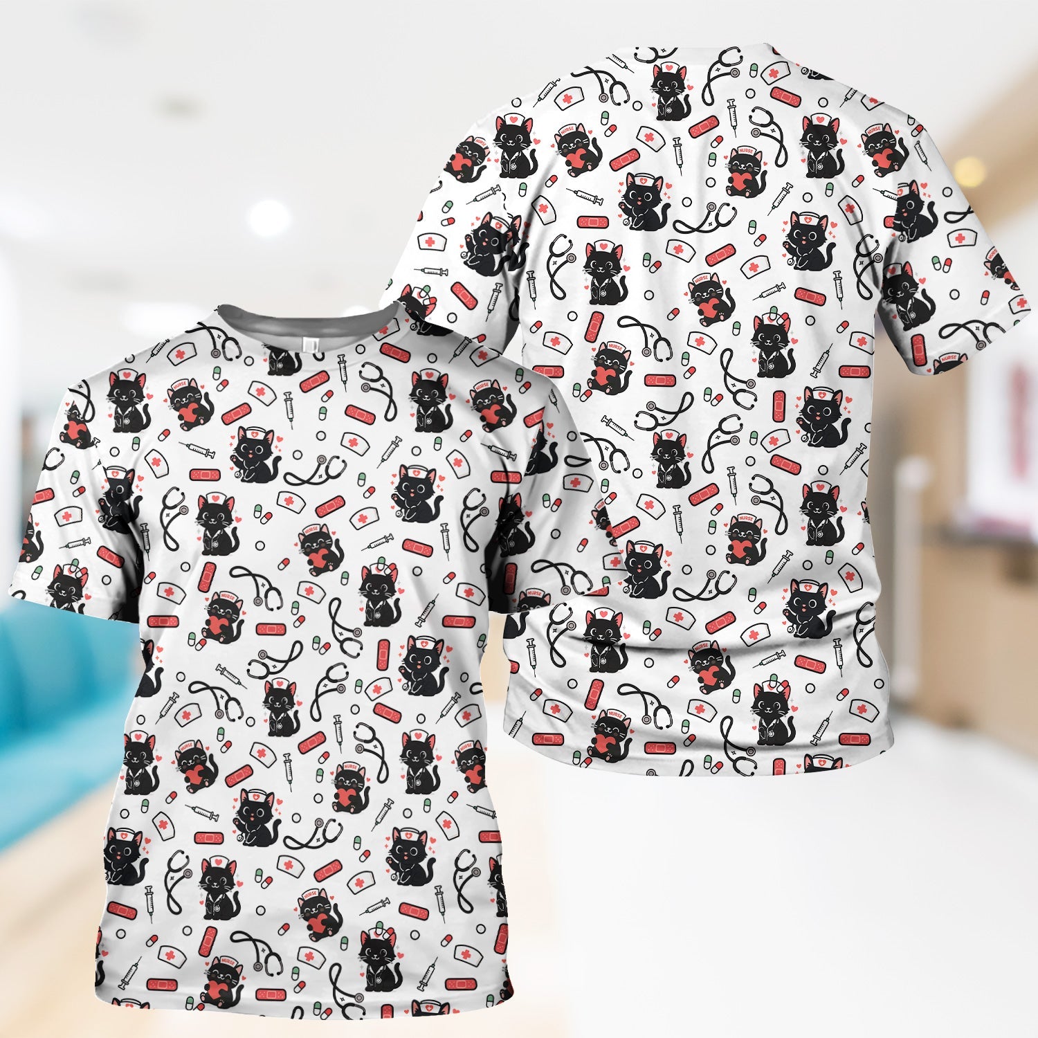 Personalized Adorable Cat Print Nurse Tee - Medical Uniform Shirt with Stethoscope - Gift for RN CNA LPN
