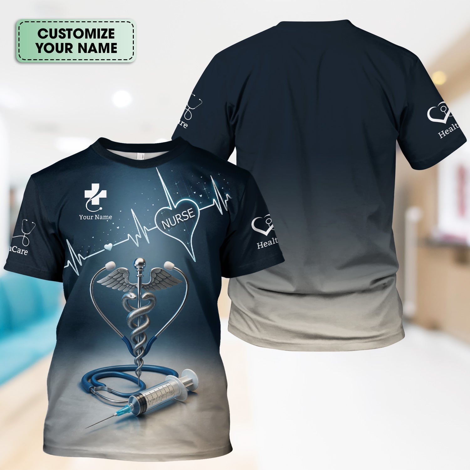 Custom Nurse Shirt with Caduceus and Heartbeat - Personalized Medical Apparel for RN CNA LPN - Gift for Healthcare Professionals