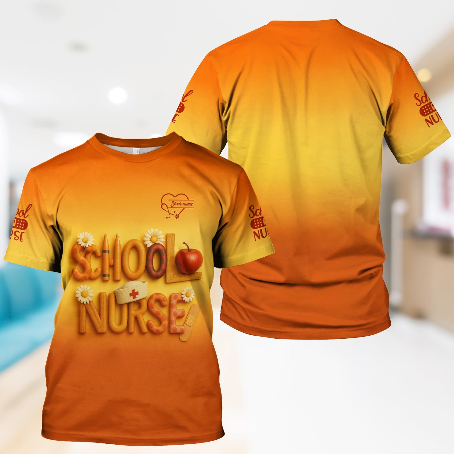 Personalized School Nurse T-Shirt - Fun Classroom & Medical Icon Design - Thoughtful Gift for School RN LPN Healthcare Staff