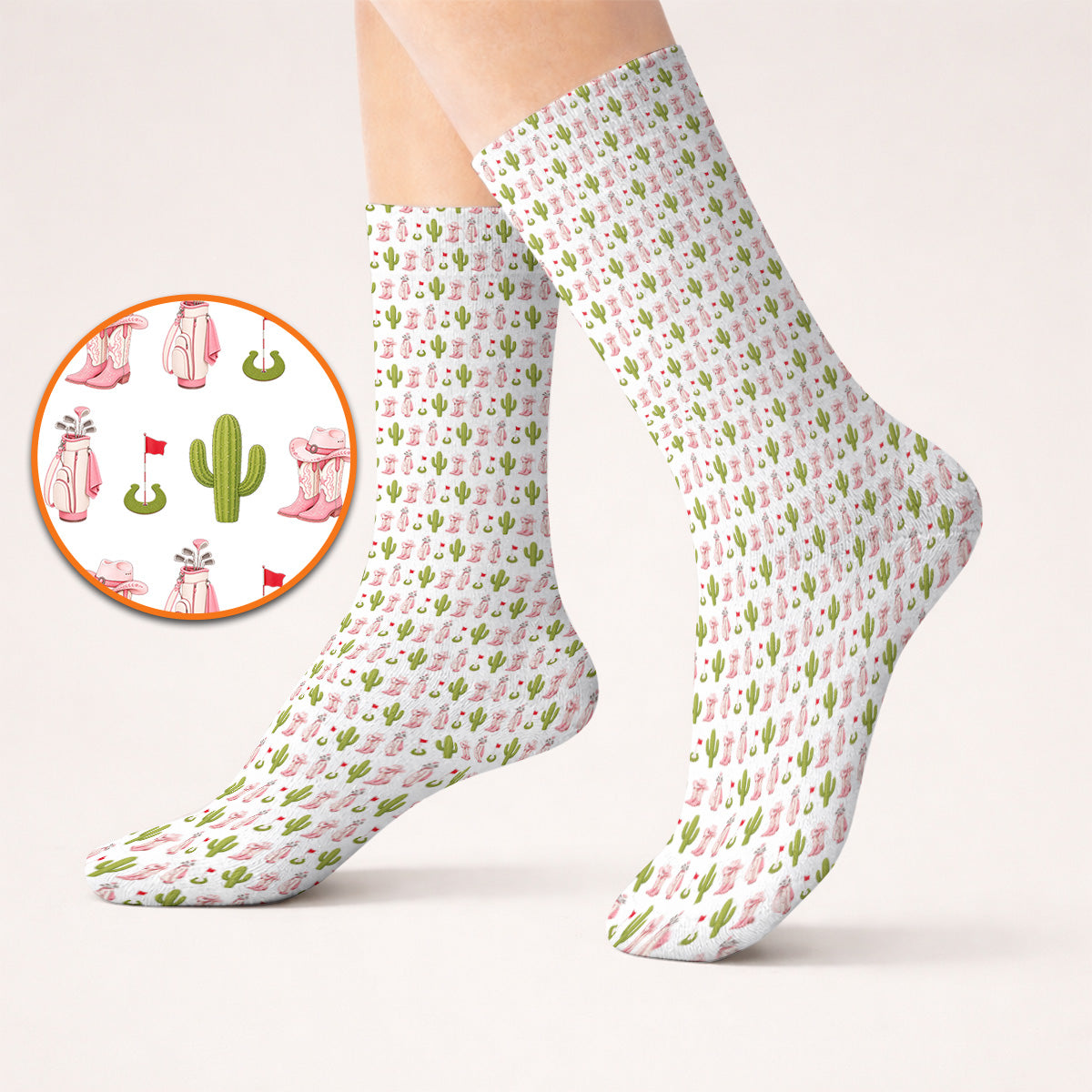 Cowgirl Pattern Golf Socks, Western Cactus Golf Sock, Golf Gifr For Golfers