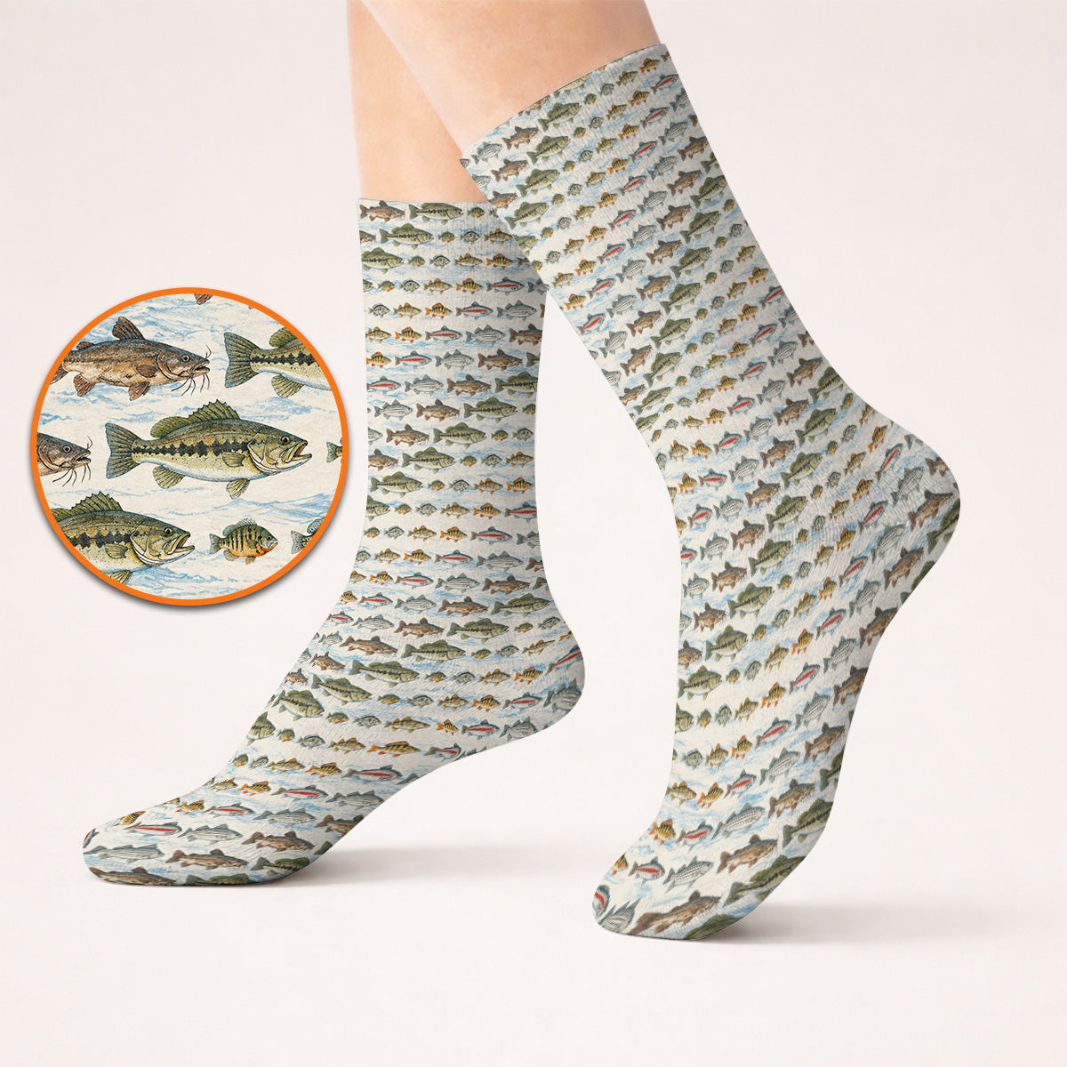 Freshwater Fishing Pattern Golf Socks, Bass Trout Catfish & Perch Golf Sock, Fishing Gift For Golfer