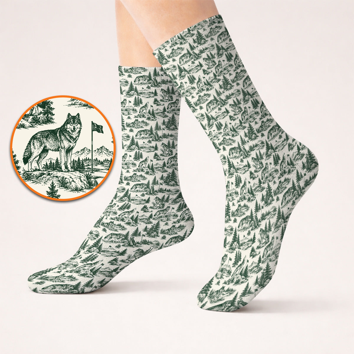 Vintage Wolf Golf Socks, Wilderness Wolf Pattern Golf Sock, Nature Inspired Golf Gift for Golfers