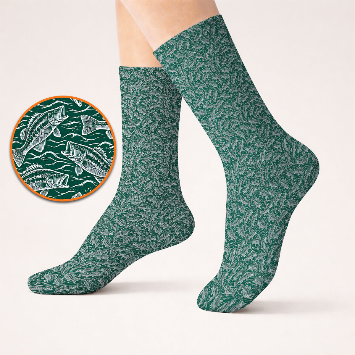 Vintage Bass Fishing Golf Socks, Forest Green Fish & Water Pattern Sock, Golf Apparel Gift for Fishing Lovers