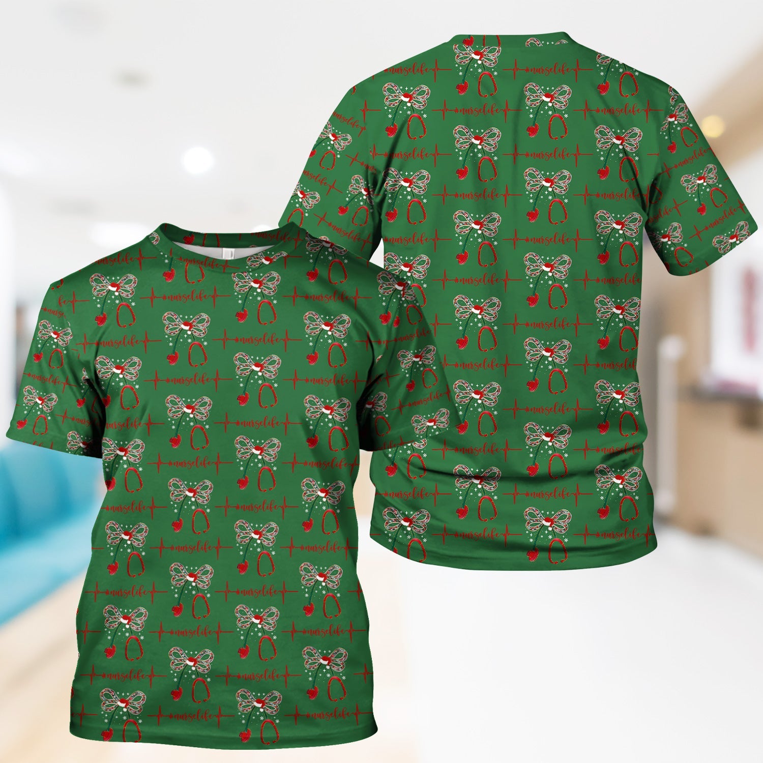 Festive Nurse Life Christmas Shirt - Christmas Stethoscope & Heartbeat Graphic Tee - Gift for RN LPN CNA Healthcare Staff