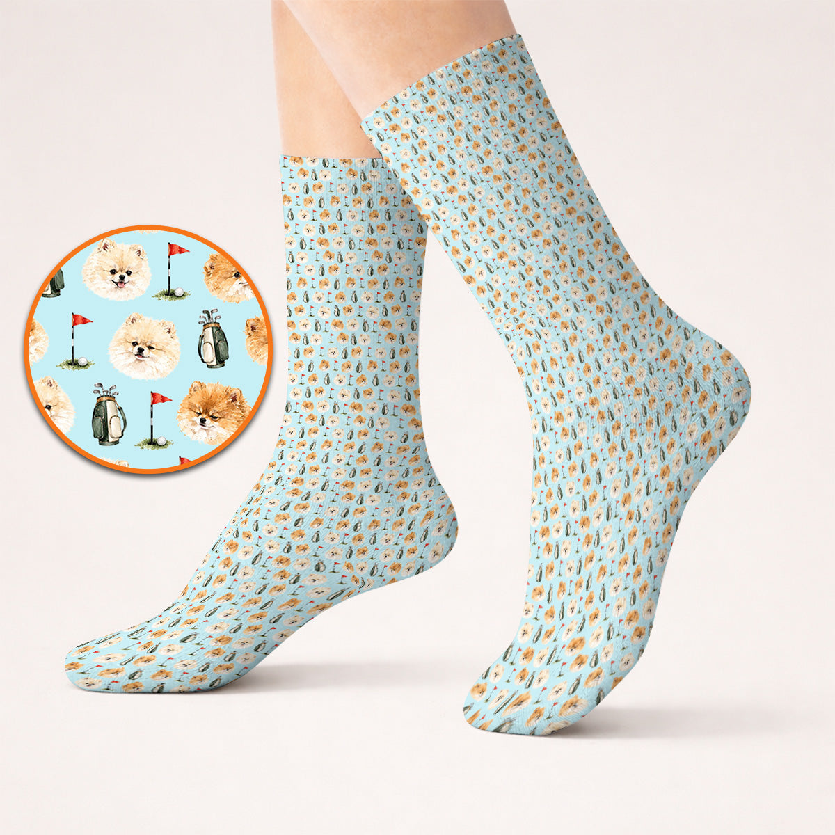 Pomeranian Golf Socks, Fluffy Pom Dog & Golf Pattern Sock, Funny Golf Gift For Golfer