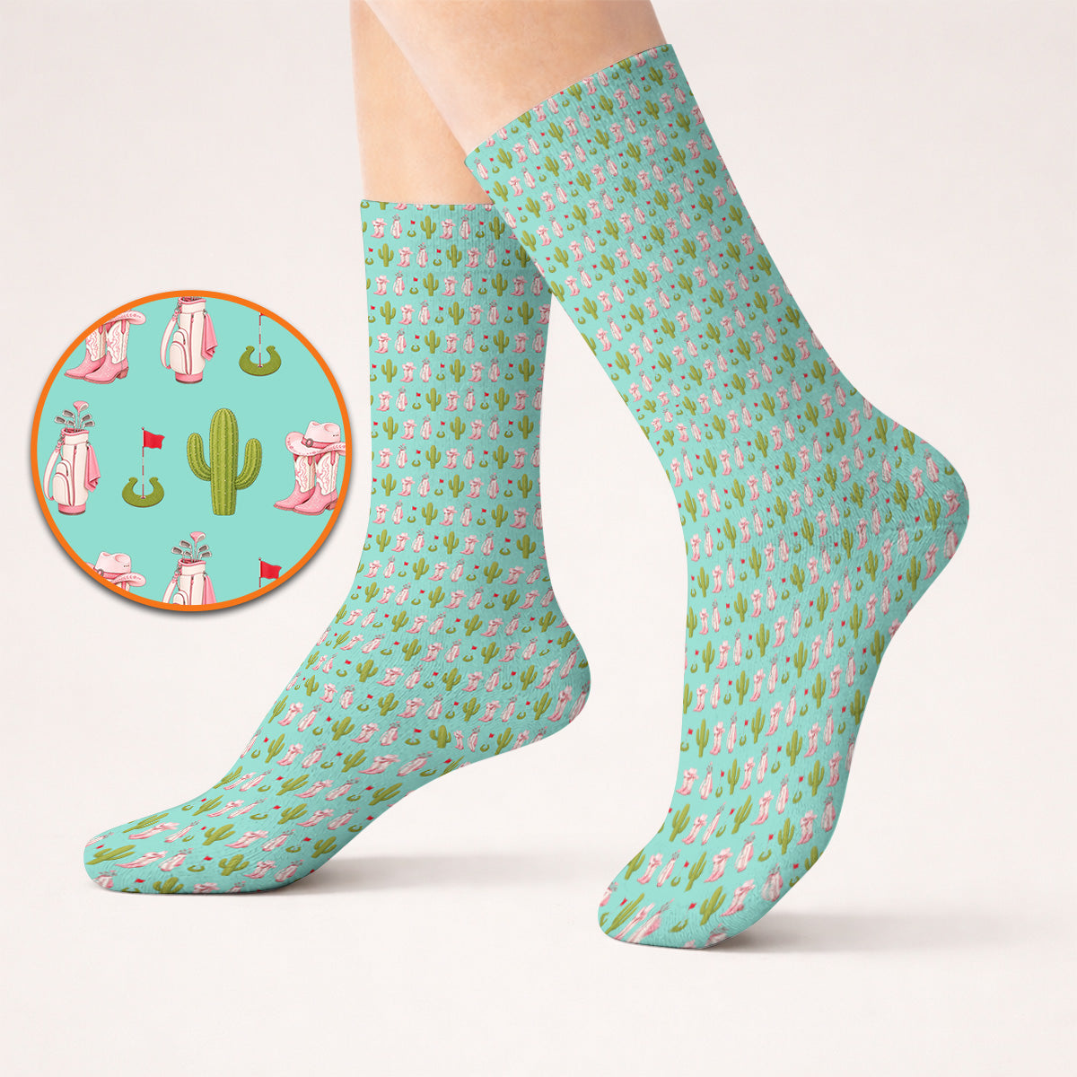 Cowgirl Pattern Golf Socks, Western Cactus Golf Sock, Golf Gifr For Golfers