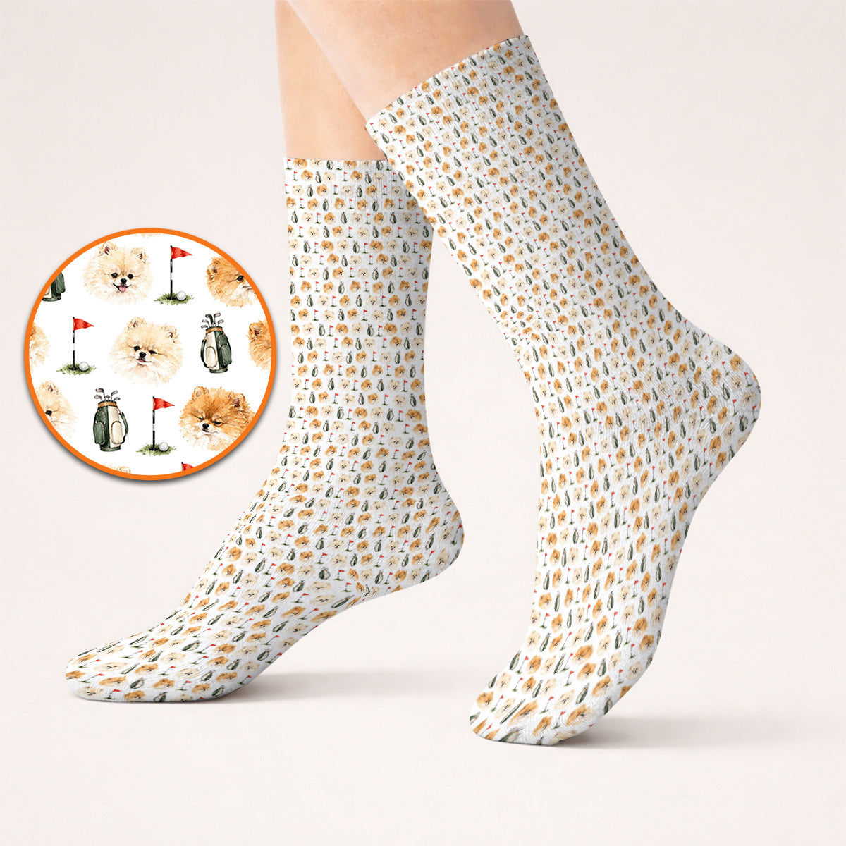 Pomeranian Golf Socks, Fluffy Pom Dog & Golf Pattern Sock, Funny Golf Gift For Golfer