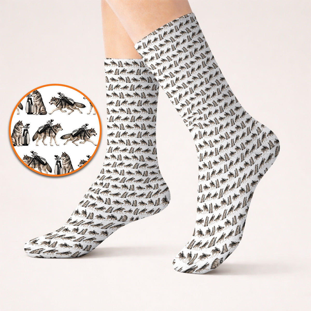Wolf Golf Pattern Socks, Wild Wolf Golfing Sock, Unique Wolf Golf Gift for Golfers