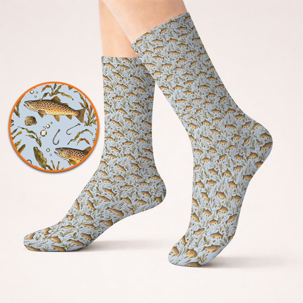 Funny Brown Trout Fishing Golf Socks, Vintage Trout & Fly Fishing Pattern Golf Sock, Golf Gift For Golfer