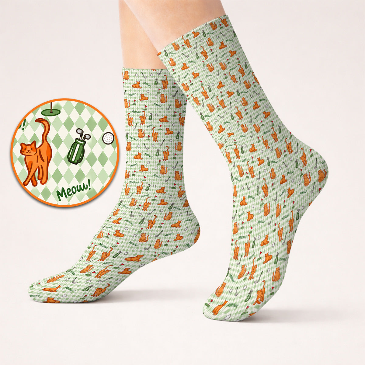 Cute Orange Cat Golf Socks, Meow Cat And Golf Pattern Sock, Funny Cat Golf Gift For Golfer