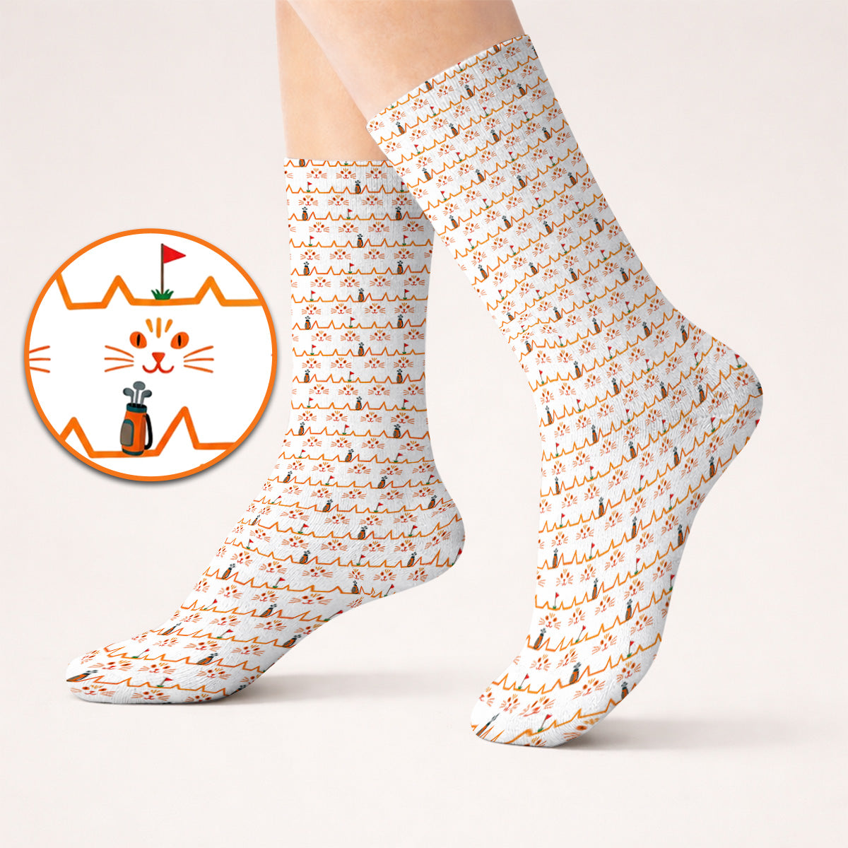 Cat Lover Golf Socks, Turquoise Cat Face & Golf Bag Pattern Golf Sock, Funny Kitty Golf Gift for Golfers