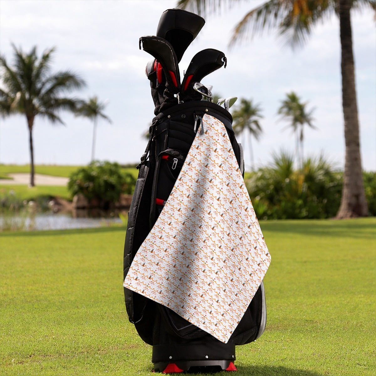 Cat Lover Golf Towels, Turquoise Cat Face & Golf Bag Pattern Golf Towel, Funny Kitty Golf Gift for Golfers