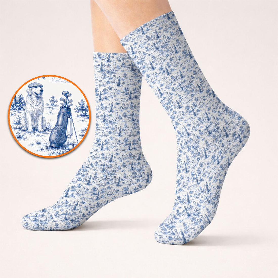 Golden Retriever Golf Sock, Toile De Jouy Golden Pattern Golf Socks, Crazy Golf Gift For Golfer