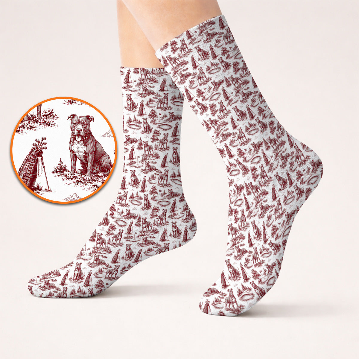 Crazy Pit Bull Golf Socks For Golfer, Toile de Jouy Pit Bull Pattern Golf Sock, Dog Lover Golf Gift