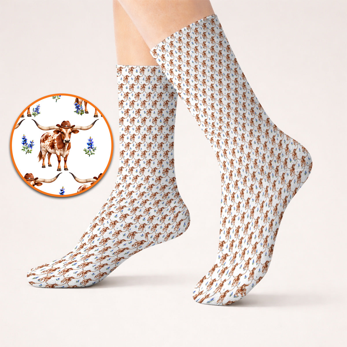 Crazy Texas Golf Socks, Western Cowboy Longhorn Patatern Golf Sock, Texas Bluebonnet Golf Gift For Golfers