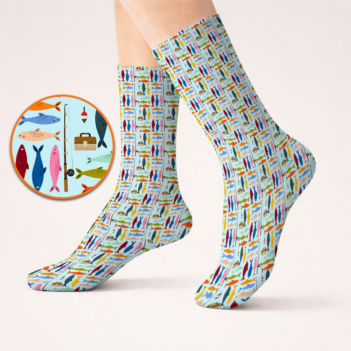 Colorful Fish Pattern Golf Socks, Fishing Rod Pattern Golf Sock, Crazy Golf Gift For Anglers and Fishermen