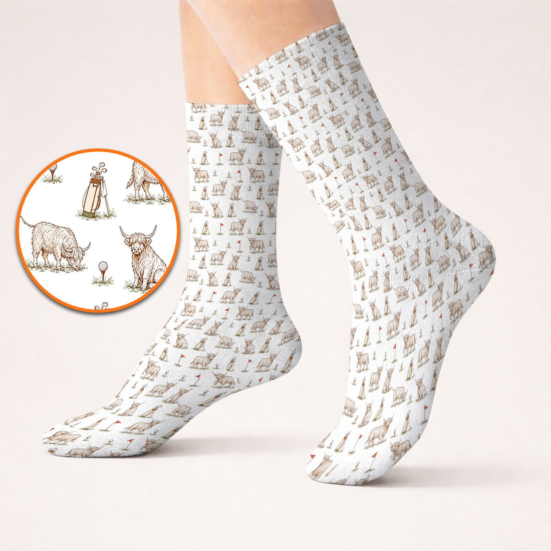 Highland Cow Golf Socks, Highland Cow Pattern Golf Sock, Funny Golf Gift For Golfer
