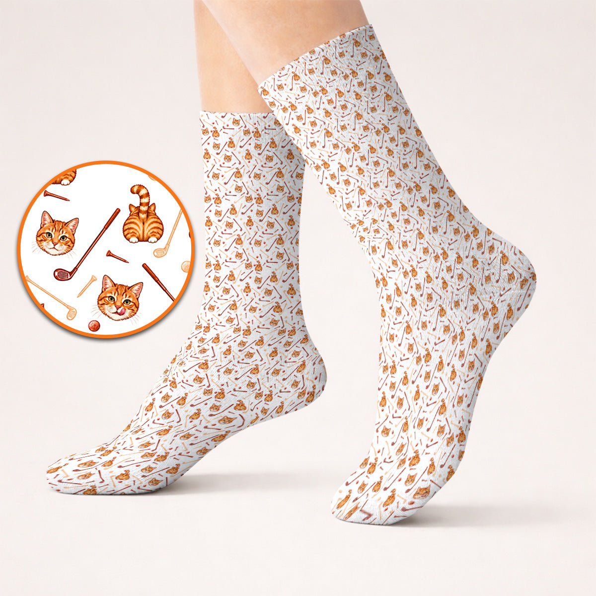Orange Tabby Cat Golf Sock, Funny Cat Butt & Golf Pattern Socks, Unique Golf Apparel Gift for Cat Lovers