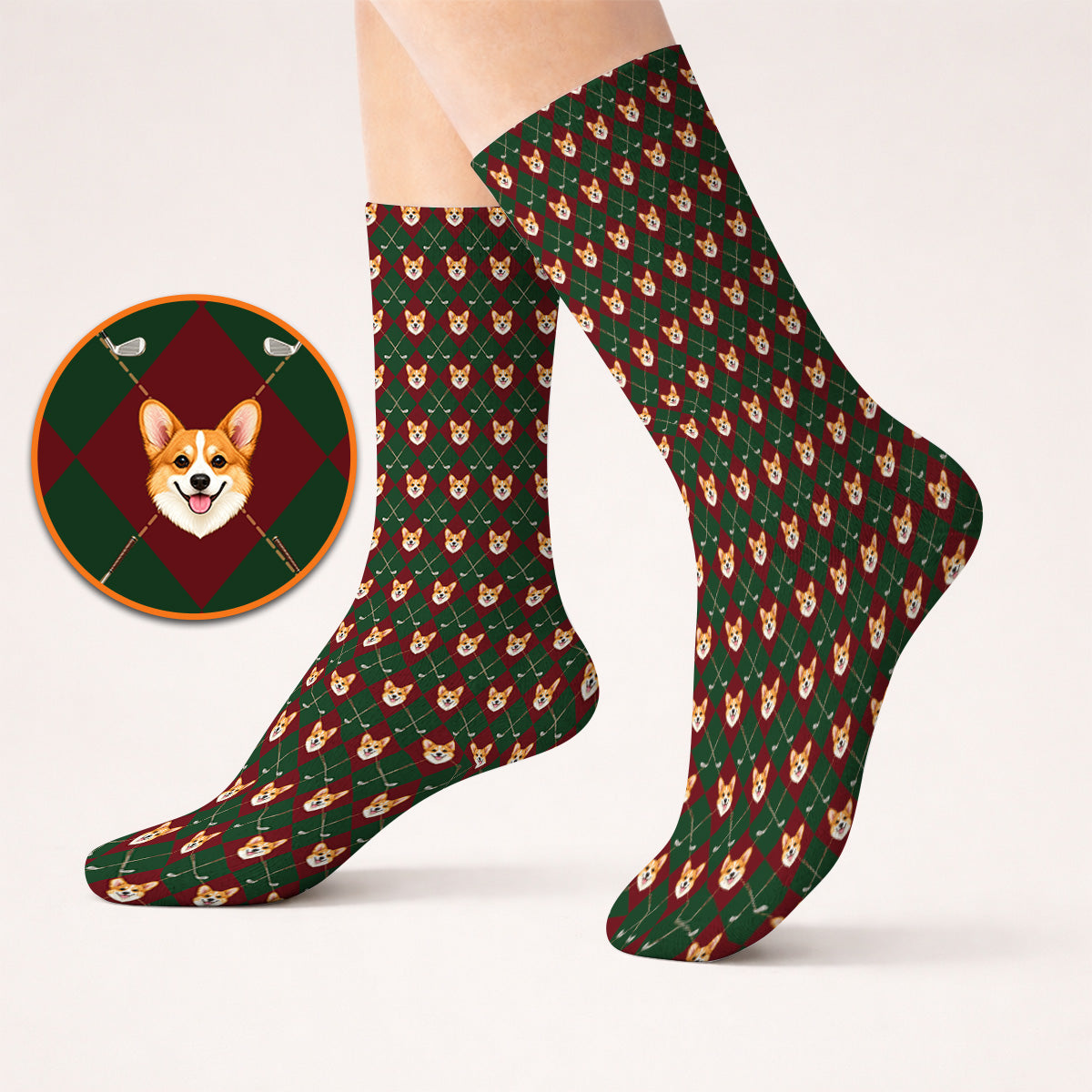 Corgi Christmas Golf Socks, Crazy Corgi Pattern Golf Sock, Xmas Golf Gift For Golfers