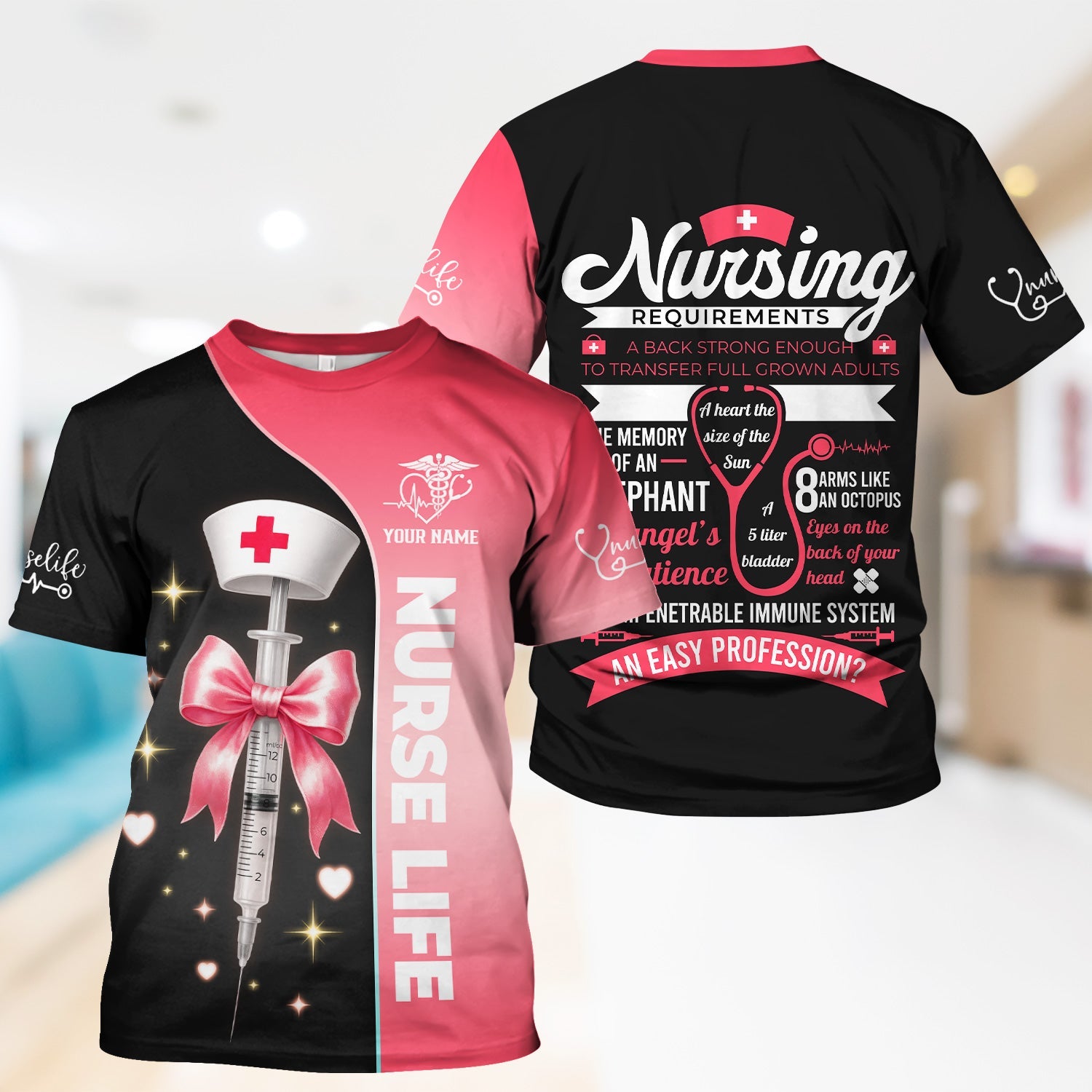 Personalized Nurse Life Shirt - Cute Syringe Bow Design Pink Black - Nursing Requirements Funny Quote Gift
