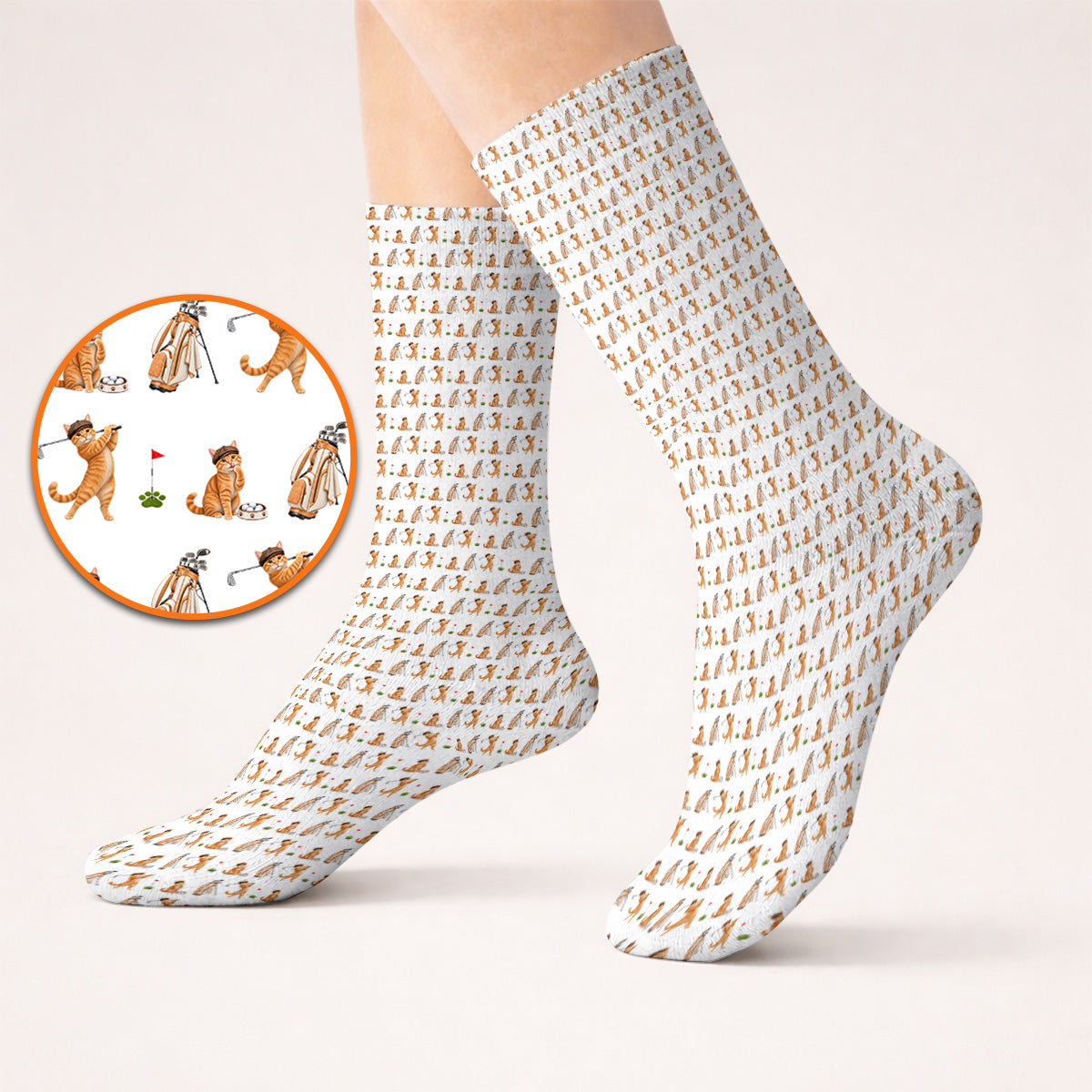 Crazy Orange Cat Golf Socks, Ginger Cat Playing Golf Pattern Golf Sock, Unique Golf Gift for Cat Lovers