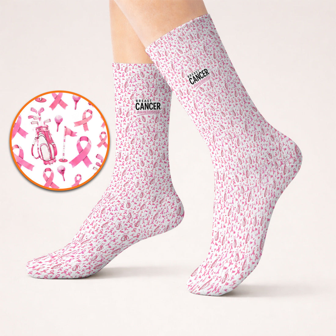 Breast Cancer Awareness Golf Socks, Pink Ribbon Golf Bag Pattern Sock, October Golf Gift for Golfer