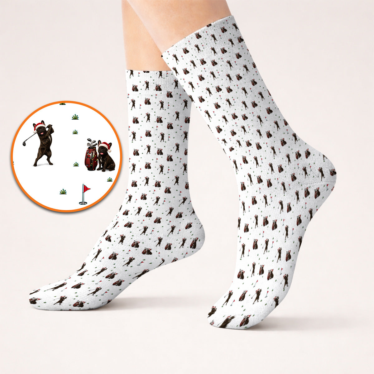 Christmas French BullDog Golfer Socks, Xmas French BullDog Golf Pattern Sock, Holiday Golf Gift for Golfers