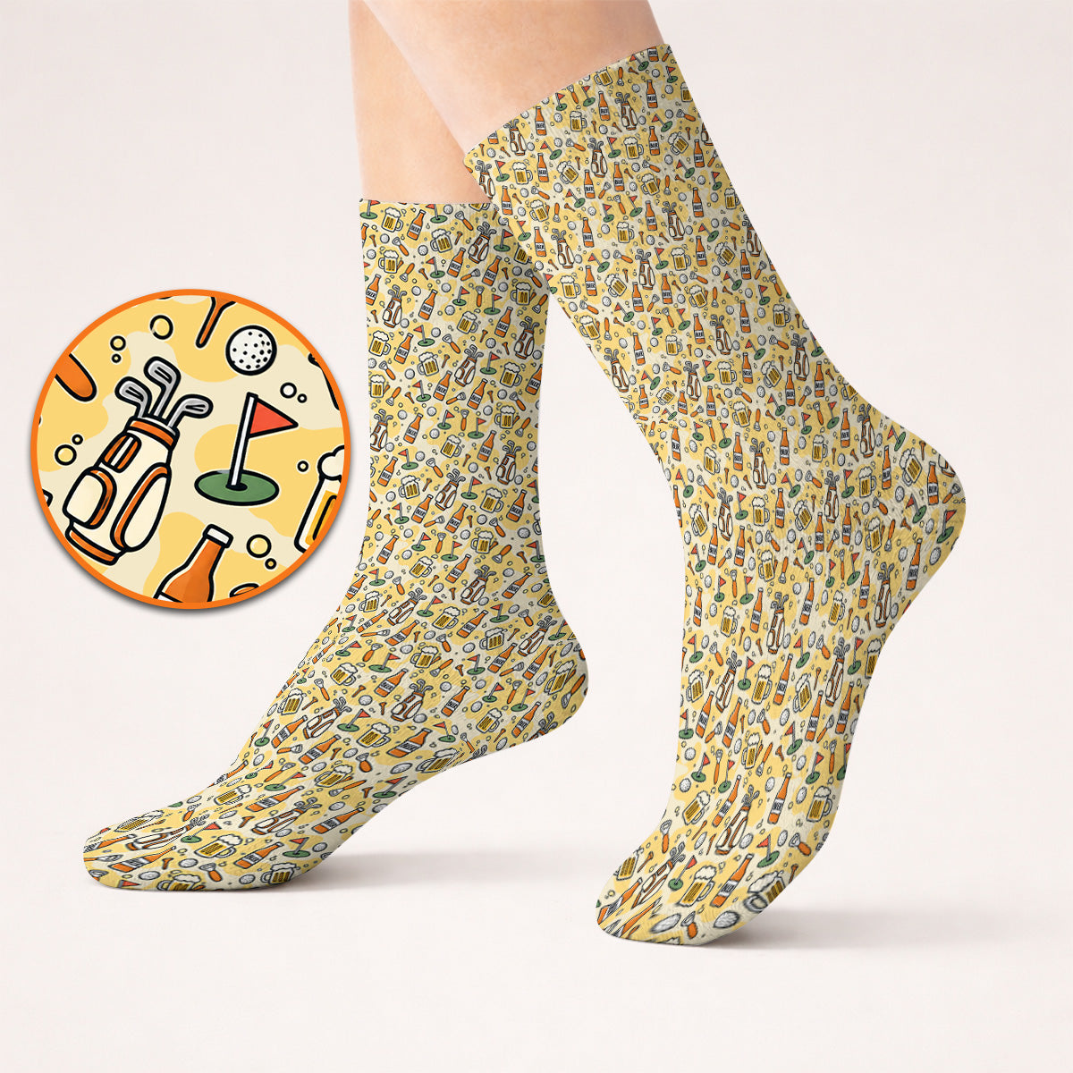 Funny Beer Pattern Golf Socks, Retro Golf Clubs And Beer Golf Sock, Unique Golfing Gift For Golfers